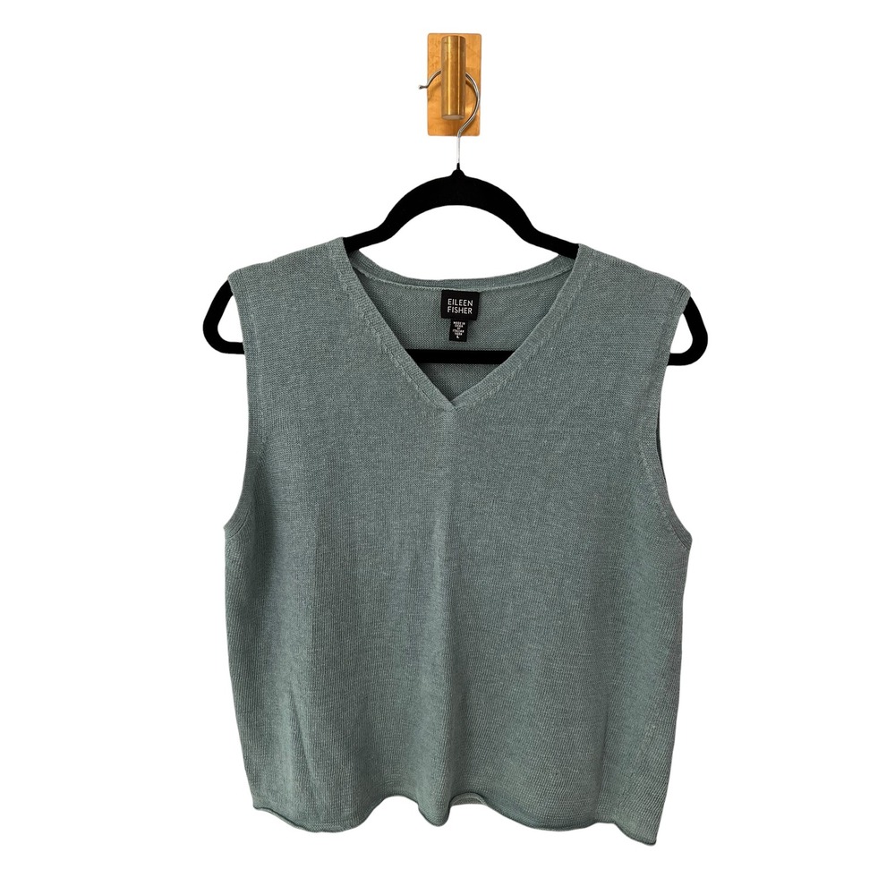 Eileen Fisher Sweater Vest 100% Linen Italian Yarn V-Neck Knit Teal Green Blue L - Picture 2 of 7